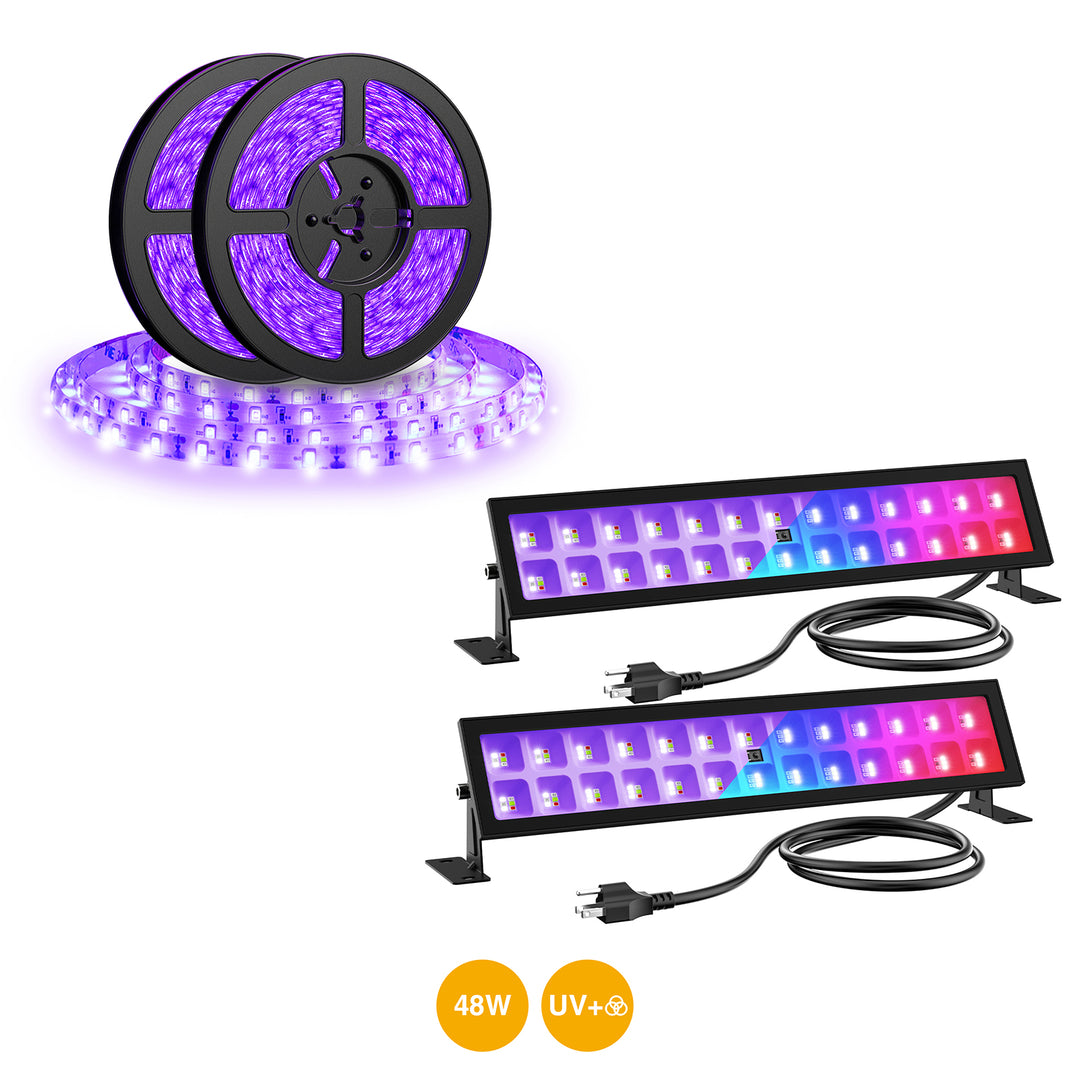 48W RGB & UV LED Light Bars CT13 + 32.8ft Black Light Strip DT84