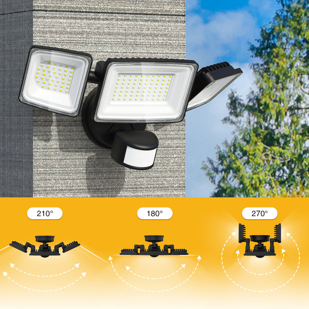 Onforu Luces LED de seguridad de 100 W, luz con sensor de movimiento para  exteriores, 9000 lm con 3 cabezales, reflector exterior impermeable IP65