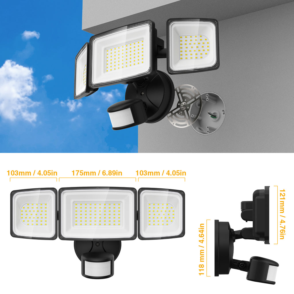 Onforu Luces LED de seguridad de 100 W, luz con sensor de movimiento para  exteriores, 9000 lm con 3 cabezales, reflector exterior impermeable IP65