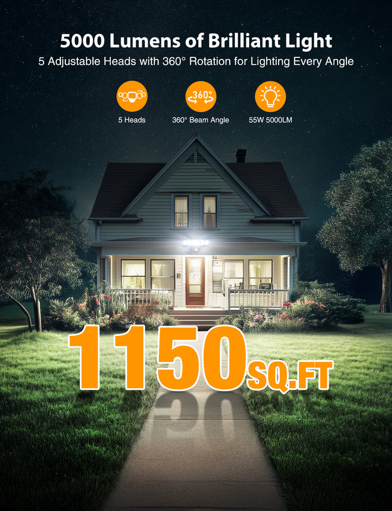 Onforu 5 Heads 55W Motion-Activated Security Light with Plug BD104