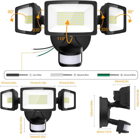 Onforu 55W 3 Head IP65 Waterproof LED Motion Sensor Flood Light