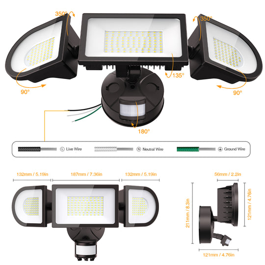 Onforu 100W Motion Sensor LED Security Light Brown 3 Flexible Heads