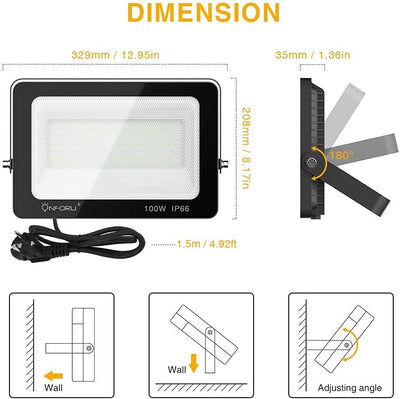 Onforu 100W LED Spotlight Outdoor with Plug for EU