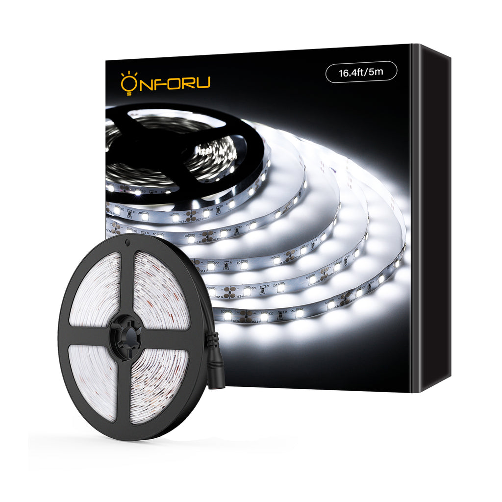 Onforu White LED Strip Lights, 16.4ft Dimmable LED Tape Light, 6000K Daylight White Light Strip, 300 LEDs Flexible Vanity Mirror Light, 5M 12V